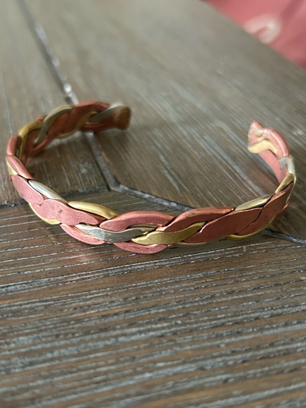 Braided Three  Metal Cuff Bracelet - brass, alpaca  & Copper